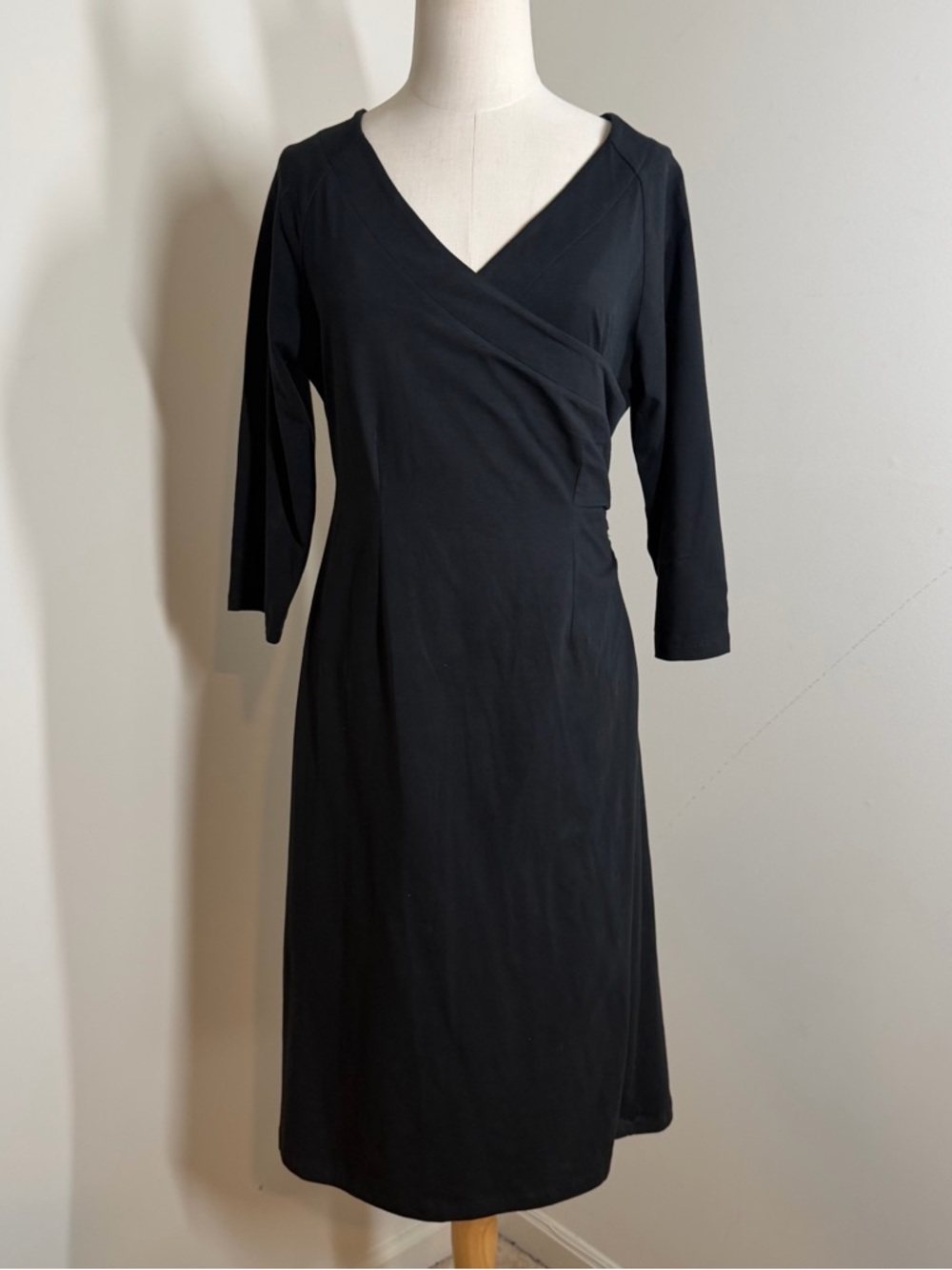 Soft Surroundings Wear Anywhere Black - SZ S - 3/4 Sleeve Faux Wrap MIDI Dress